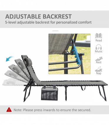 Portable Sun Lounger, Folding Camping  Adjustable , Pillow Grey