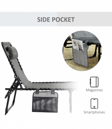 Portable Sun Lounger, Folding Camping  Adjustable , Pillow Grey