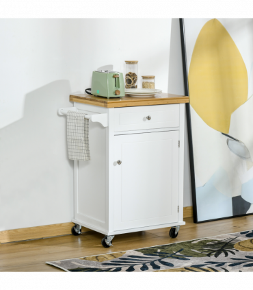 Rolling Kitchen Cart Storage Trolley with Drawer Towel Rail White