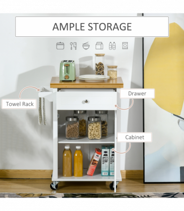 Rolling Kitchen Cart Storage Trolley with Drawer Towel Rail White