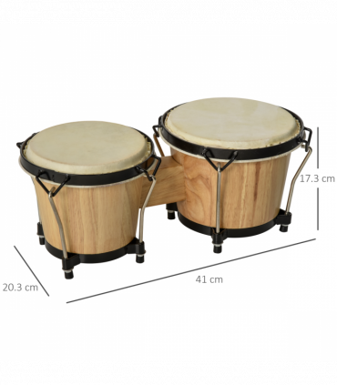 Wooden Bongo Drum Set w/ Sheepskin Drum Head 7.75" & 7" Tuning Wrench HOMCOM