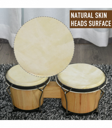 Wooden Bongo Drum Set w/ Sheepskin Drum Head 7.75" & 7" Tuning Wrench HOMCOM