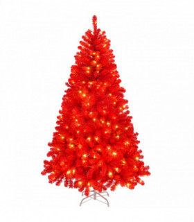 6 FT Artificial Christmas Tree with DIY 100 Warm Lights Battery Operated, 750 Branch Tips and Sturdy Metal Stand, Red
