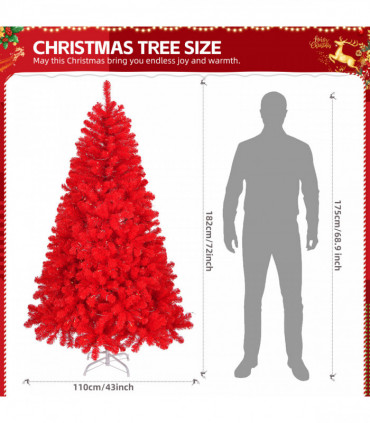 6 FT Artificial Christmas Tree with DIY 100 Warm Lights Battery Operated, 750 Branch Tips and Sturdy Metal Stand, Red