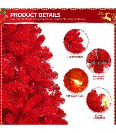 6 FT Artificial Christmas Tree with DIY 100 Warm Lights Battery Operated, 750 Branch Tips and Sturdy Metal Stand, Red