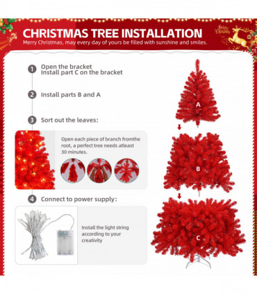 6 FT Artificial Christmas Tree with DIY 100 Warm Lights Battery Operated, 750 Branch Tips and Sturdy Metal Stand, Red