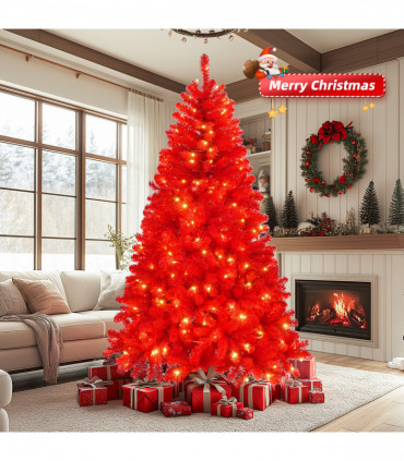 6 FT Artificial Christmas Tree with DIY 100 Warm Lights Battery Operated, 750 Branch Tips and Sturdy Metal Stand, Red