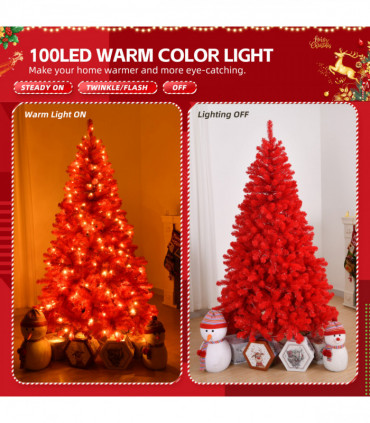 6 FT Artificial Christmas Tree with DIY 100 Warm Lights Battery Operated, 750 Branch Tips and Sturdy Metal Stand, Red