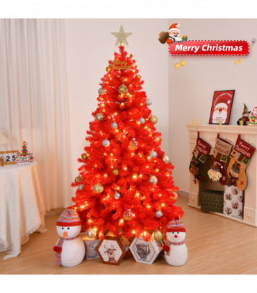 6 FT Artificial Christmas Tree with DIY 100 Warm Lights Battery Operated, 750 Branch Tips and Sturdy Metal Stand, Red