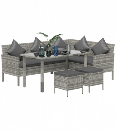 Outsunny 5Pcs Rattan Dining Corner Sofa Set, Garden Furniture Set, Dark Grey