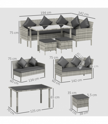 Outsunny 5Pcs Rattan Dining Corner Sofa Set, Garden Furniture Set, Dark Grey