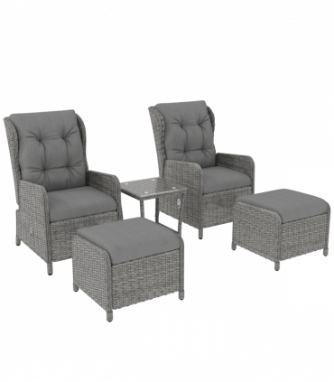 Outsunny Recliner Rattan Garden Furniture w/ Two-tier Table, Light Grey