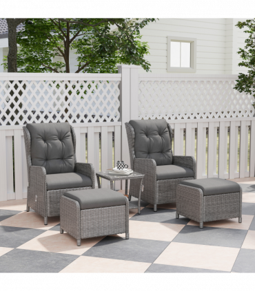 Outsunny Recliner Rattan Garden Furniture w/ Two-tier Table, Light Grey