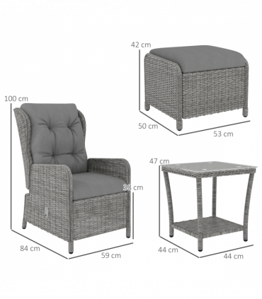 Outsunny Recliner Rattan Garden Furniture w/ Two-tier Table, Light Grey