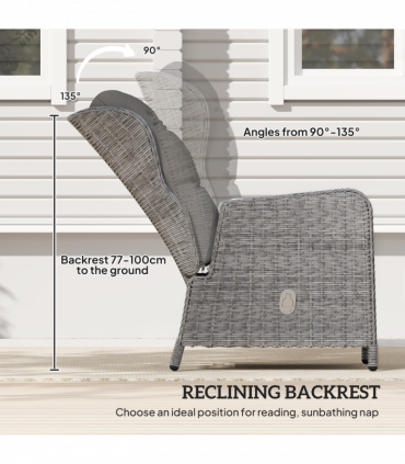Outsunny Recliner Rattan Garden Furniture w/ Two-tier Table, Light Grey