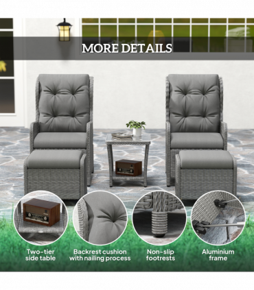 Outsunny Recliner Rattan Garden Furniture w/ Two-tier Table, Light Grey