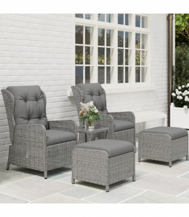 Outsunny Recliner Rattan Garden Furniture w/ Two-tier Table, Light Grey
