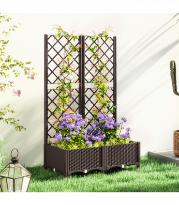 Outsunny Plastic Planter Box with Trellis, Vegetable Planter w/ Drain Plugs