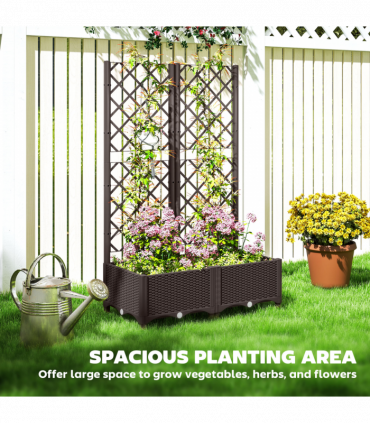 Outsunny Plastic Planter Box with Trellis, Vegetable Planter w/ Drain Plugs