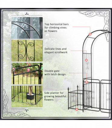 Outsunny Metal Garden Arbor Arch Gate w/ 2 Side Planter Boxes & Vine Frame