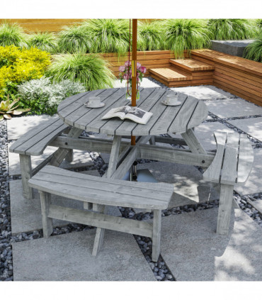 Outsunny 8 Seat Outdoor Wooden Picnic Table with Bench, Parasol Hole, Grey