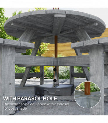 Outsunny 8 Seat Outdoor Wooden Picnic Table with Bench, Parasol Hole, Grey