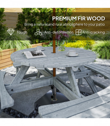 Outsunny 8 Seat Outdoor Wooden Picnic Table with Bench, Parasol Hole, Grey