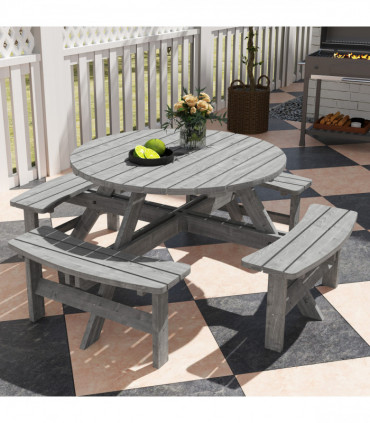Outsunny 8 Seat Outdoor Wooden Picnic Table with Bench, Parasol Hole, Grey