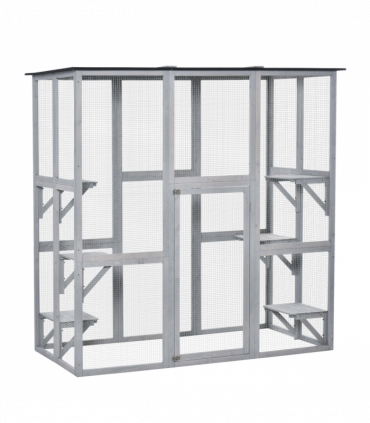 PawHut Wooden Cat House with Platforms, Cat Cage for Multiple Kittens