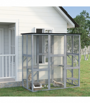 PawHut Wooden Cat House with Platforms, Cat Cage for Multiple Kittens