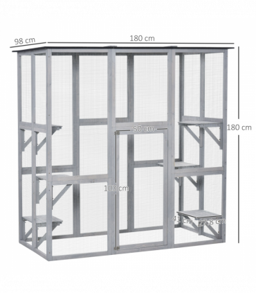 PawHut Wooden Cat House with Platforms, Cat Cage for Multiple Kittens