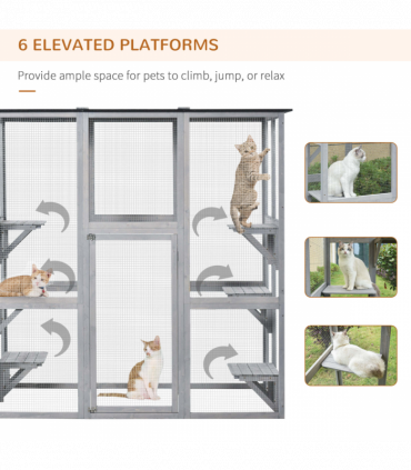 PawHut Wooden Cat House with Platforms, Cat Cage for Multiple Kittens