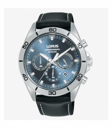Lorus Mens Fashion Sports Chronograph Date Grey/Blue sunray Dial Black Leather strap Watch RT341KX9