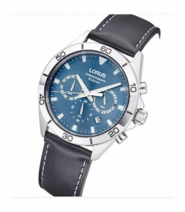 Lorus Mens Fashion Sports Chronograph Date Grey/Blue sunray Dial Black Leather strap Watch RT341KX9