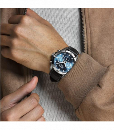 Lorus Mens Fashion Sports Chronograph Date Grey/Blue sunray Dial Black Leather strap Watch RT341KX9