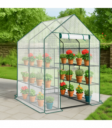 Mini Walk-in Greenhouse with PE Cover, 8-Shelf Indoor Outdoor Plant Gardening Green House for Garden Backyard, 56" x 56" x 77", White