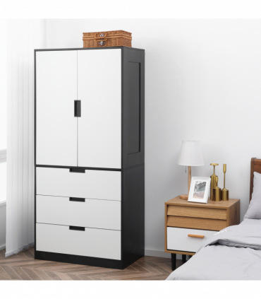 2 Door Wardrobe Modern Wardrobe with 3 Drawer and Hanging Rod for Bedroom White