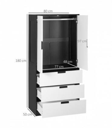 2 Door Wardrobe Modern Wardrobe with 3 Drawer and Hanging Rod for Bedroom White