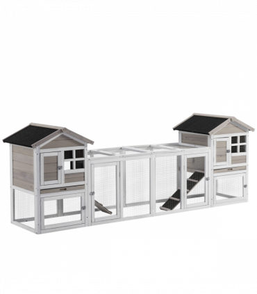 2-In-1 Wooden Rabbit Hutch w/ Double House, Run Box, Slide-Out Tray, Ramp