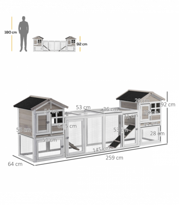 2-In-1 Wooden Rabbit Hutch w/ Double House, Run Box, Slide-Out Tray, Ramp