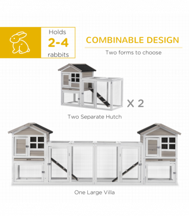 2-In-1 Wooden Rabbit Hutch w/ Double House, Run Box, Slide-Out Tray, Ramp