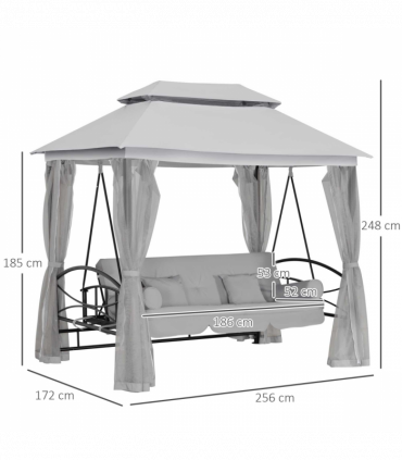 Swing Chair Bed 3 Seater Hammock Gazebo Cushioned Seat - Light Grey 256L