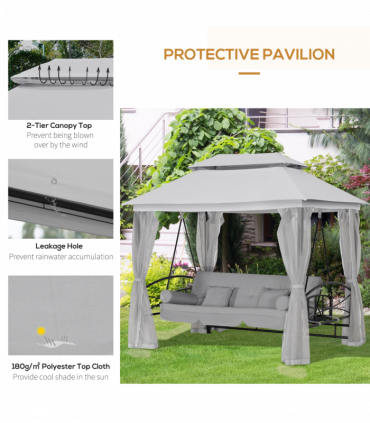 Swing Chair Bed 3 Seater Hammock Gazebo Cushioned Seat - Light Grey 256L