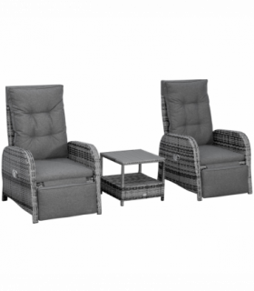 3 Pcs Rattan Chaise Lounge Sofa Set Bistro & Cushion Mixed Grey