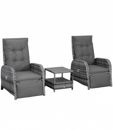 3 Pcs Rattan Chaise Lounge Sofa Set Bistro & Cushion Mixed Grey
