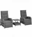 3 Pcs Rattan Chaise Lounge Sofa Set Bistro & Cushion Mixed Grey