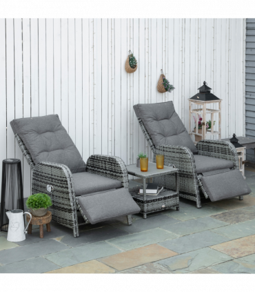 3 Pcs Rattan Chaise Lounge Sofa Set Bistro & Cushion Mixed Grey