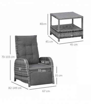 3 Pcs Rattan Chaise Lounge Sofa Set Bistro & Cushion Mixed Grey