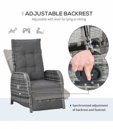 3 Pcs Rattan Chaise Lounge Sofa Set Bistro & Cushion Mixed Grey