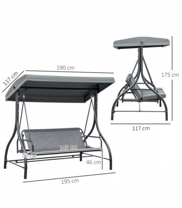 3 Seater Canopy Swing Chair Porch Hammock Bed Rocking Bench Dark Grey